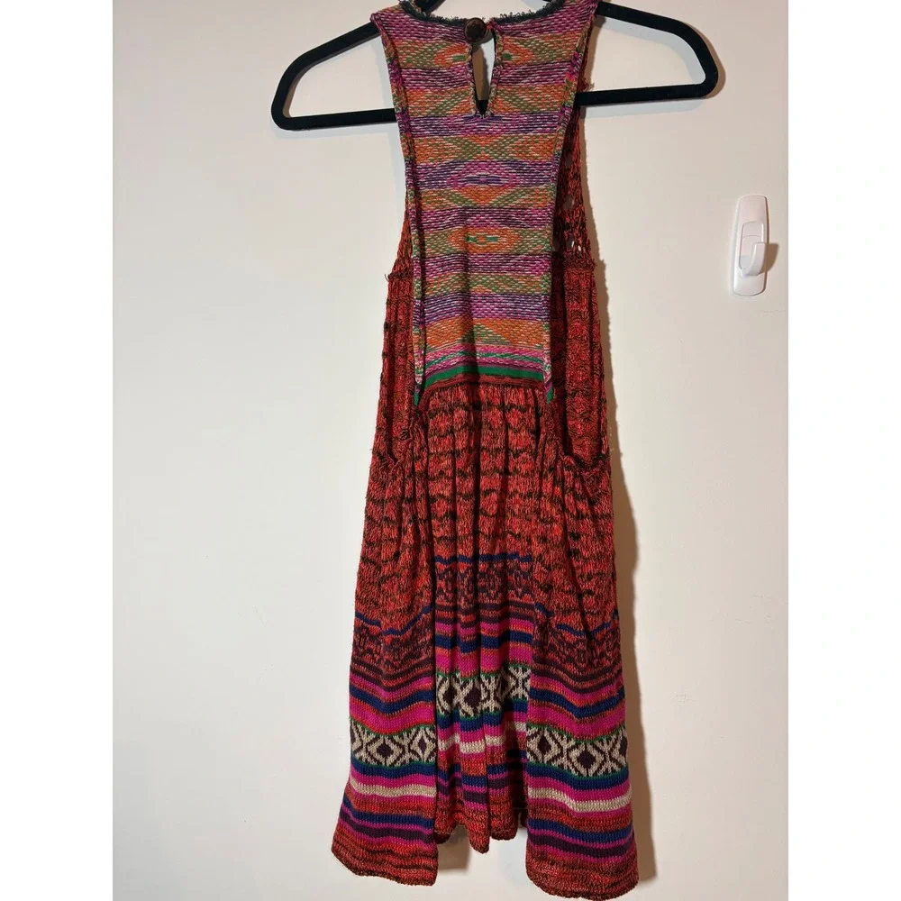 Free People Red Multi Knit Sleeveless Boho Mini Dress Small Racerback OB418858
